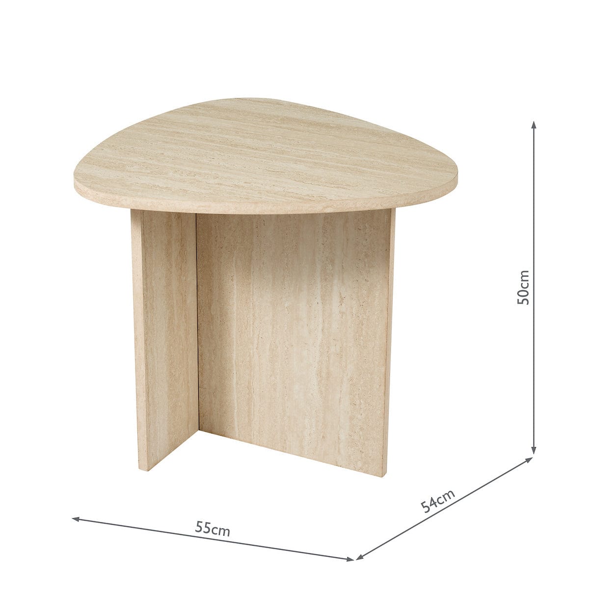 Wooden side table with dimensions on a white background