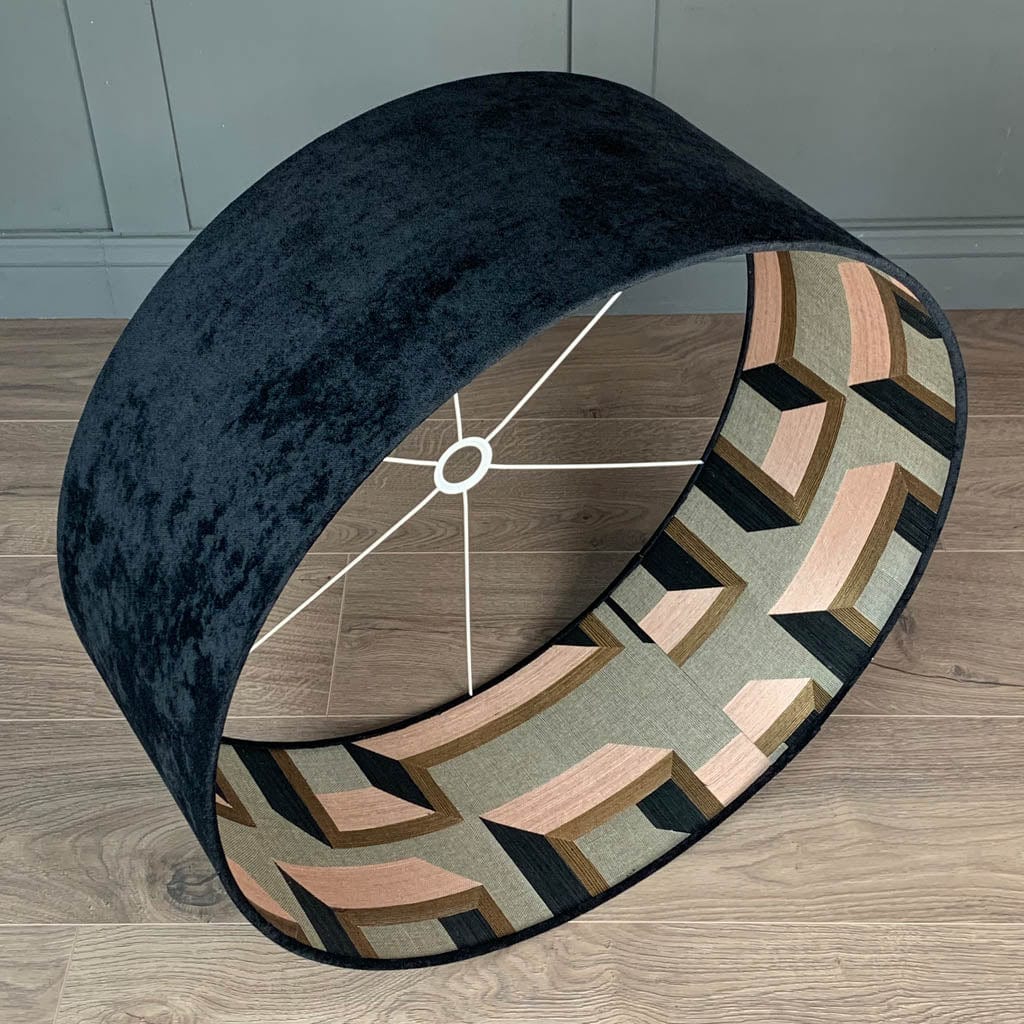 Jet Black Velvet Pendant Shade with Arte Detour Wallpaper Lining