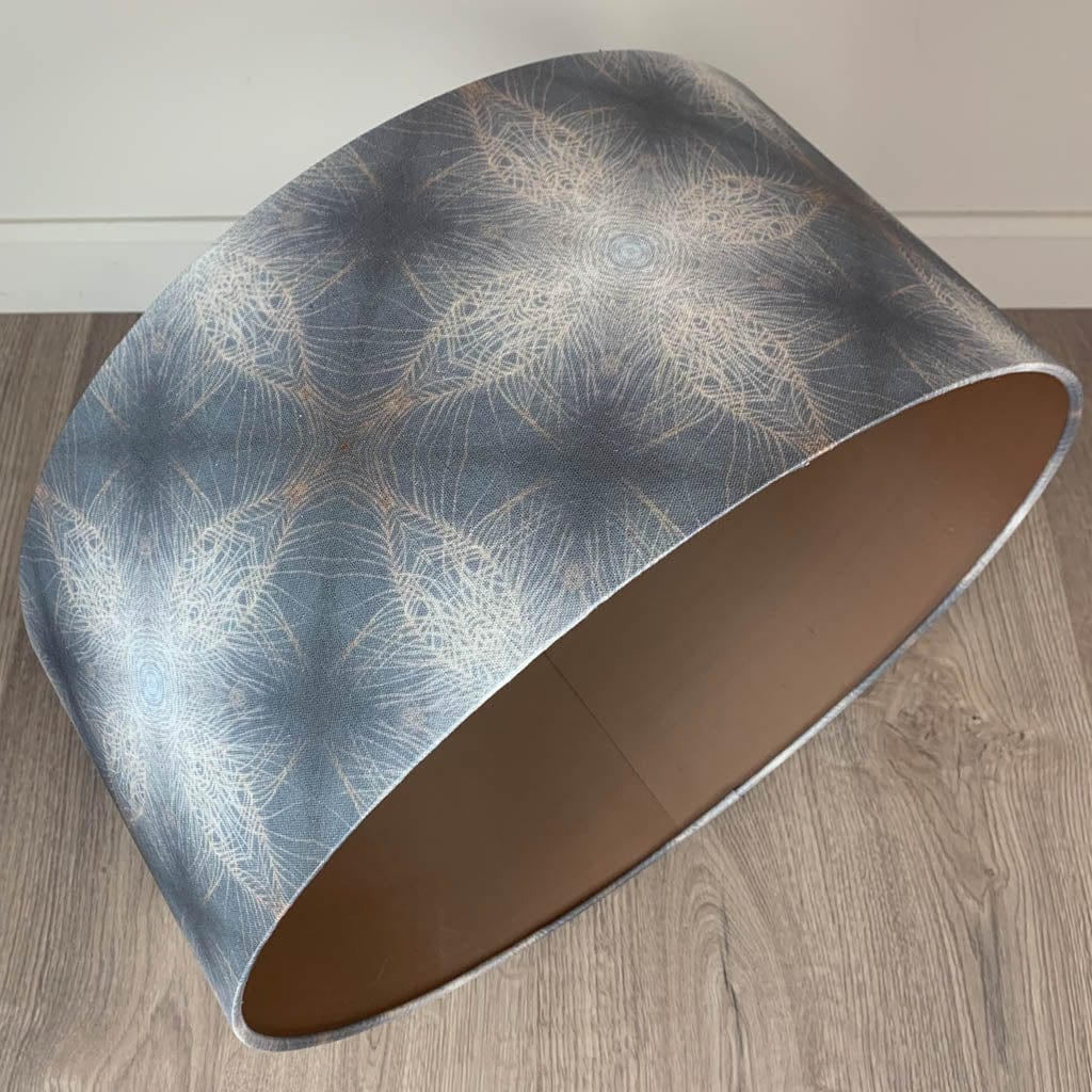 Julia Clare's Peacock Feather Linen in Warm Ash & Blue Pendant Shade with Malt/Neutral Silk Lining