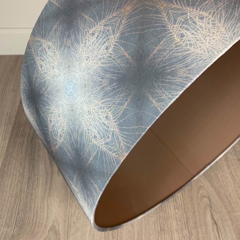 Julia Clare's Peacock Feather Linen in Warm Ash & Blue Pendant Shade with Malt/Neutral Silk Lining