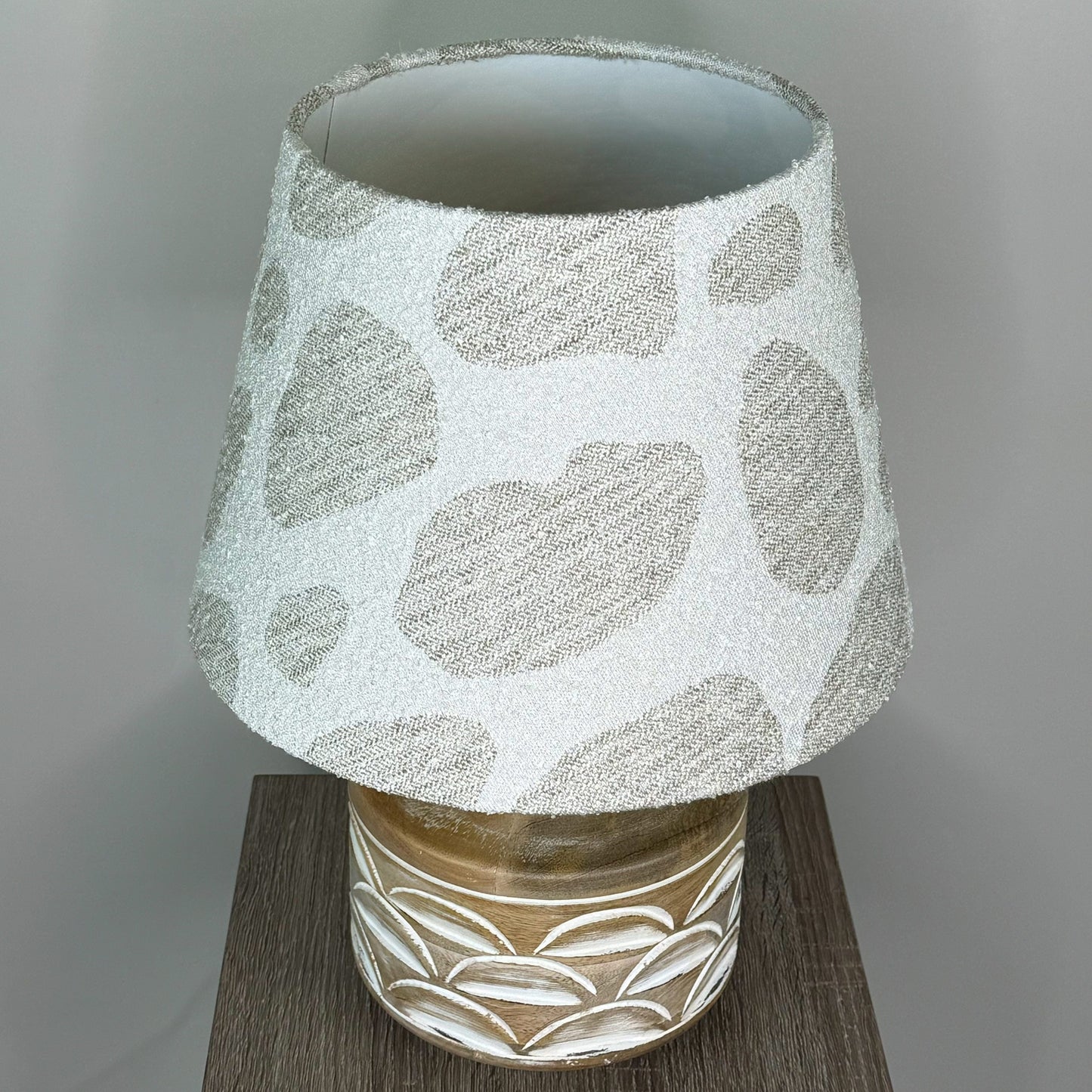 Kingsbury Small White Wash Carved Table Lamp with Bodie Ecru Boucle Tapered Shade