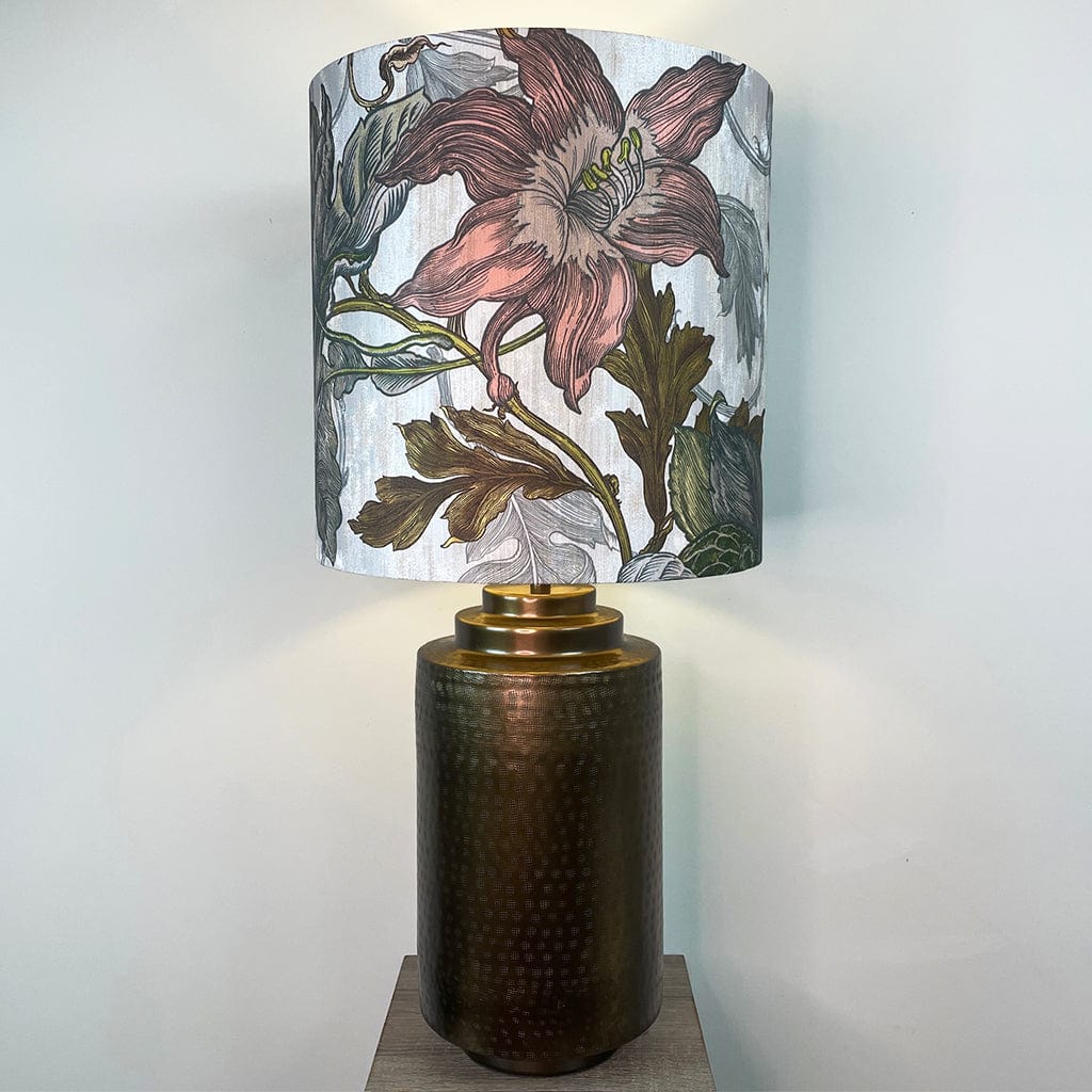 Large Antique Brass Pot Table Lamp with Timorous Beasties Epic Botanic Beige Peach Lampshade