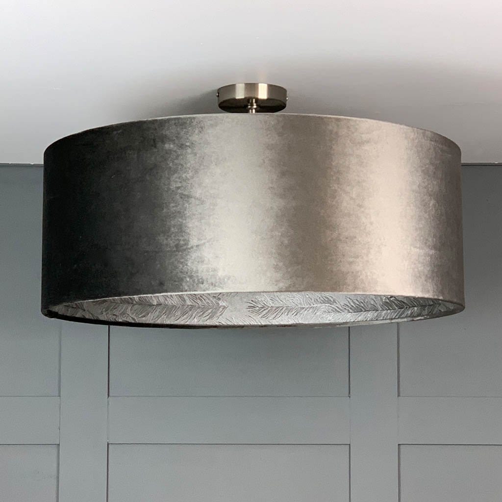 Letino Mercury Grey Velvet Pendant Shade with Silver Feather Wallpaper Lining