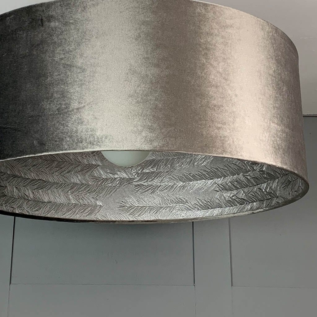 Letino Mercury Grey Velvet Pendant Shade with Silver Feather Wallpaper Lining