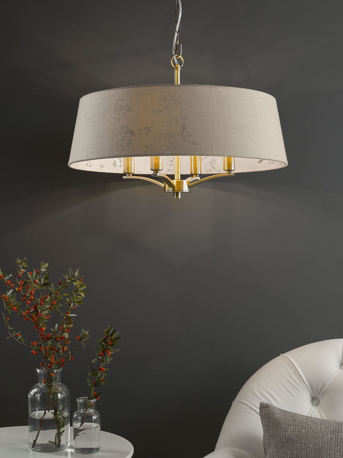Marble Hill 4 Light Aged Brass Pendant with Linen Chinoiserie Print Shade