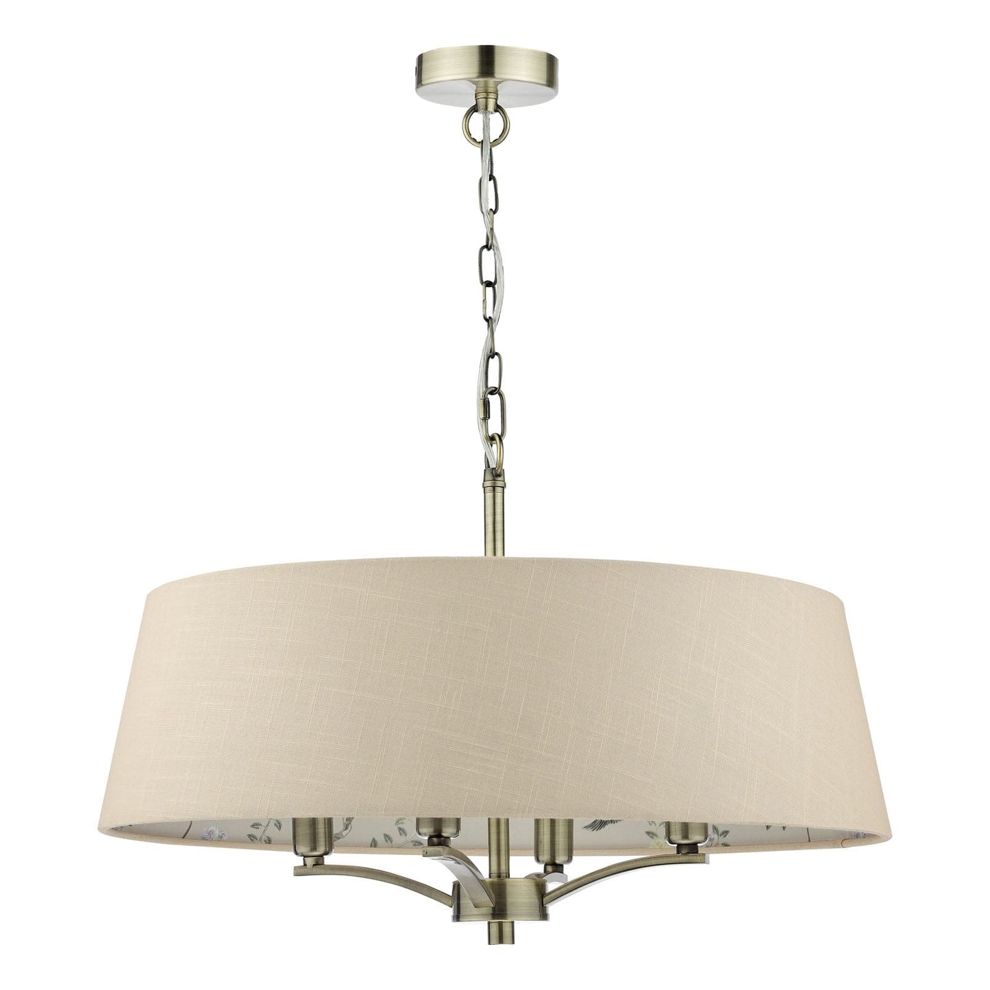 Marble Hill 4 Light Aged Brass Pendant with Linen Chinoiserie Print Shade