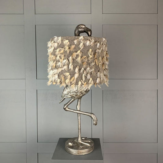 Can Can Flamingo Antique Silver Table Lamp & Fluffy Grey Shade