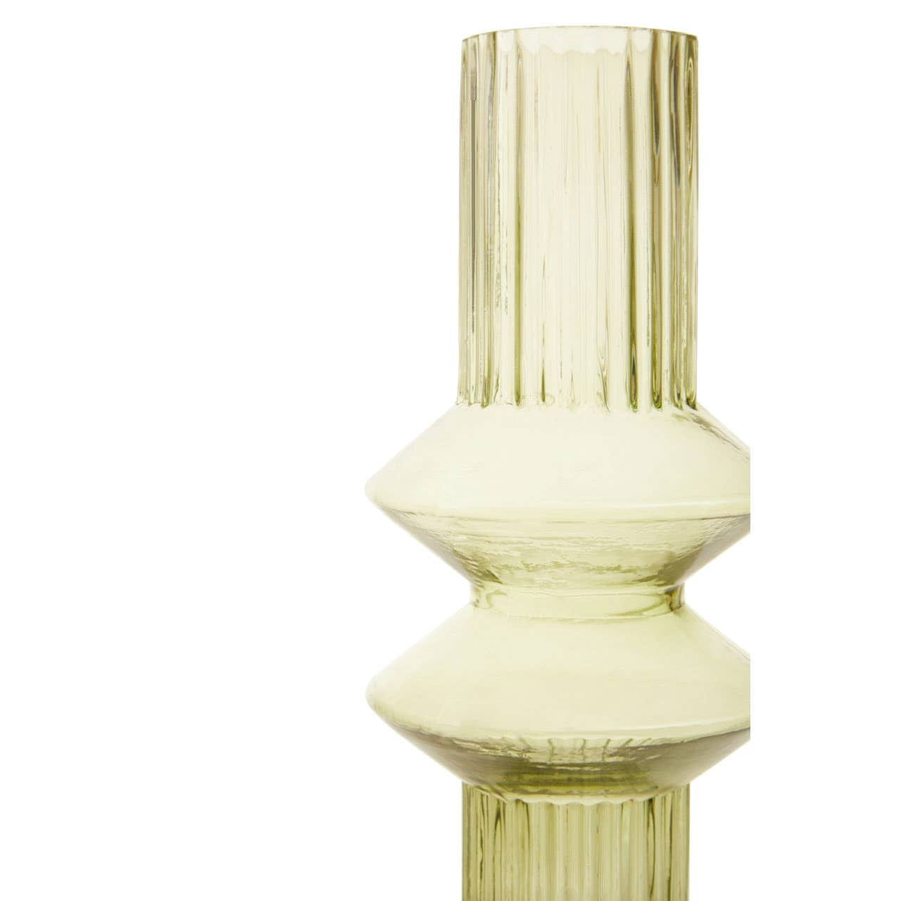 Green glass vase with a textured design on a white background