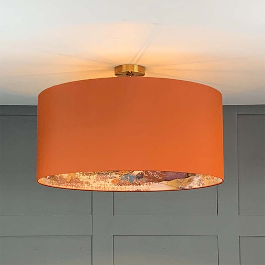 Burnt Orange Silk Pendant Shade with Mairi Helena Mirrored Storm Linen Lining