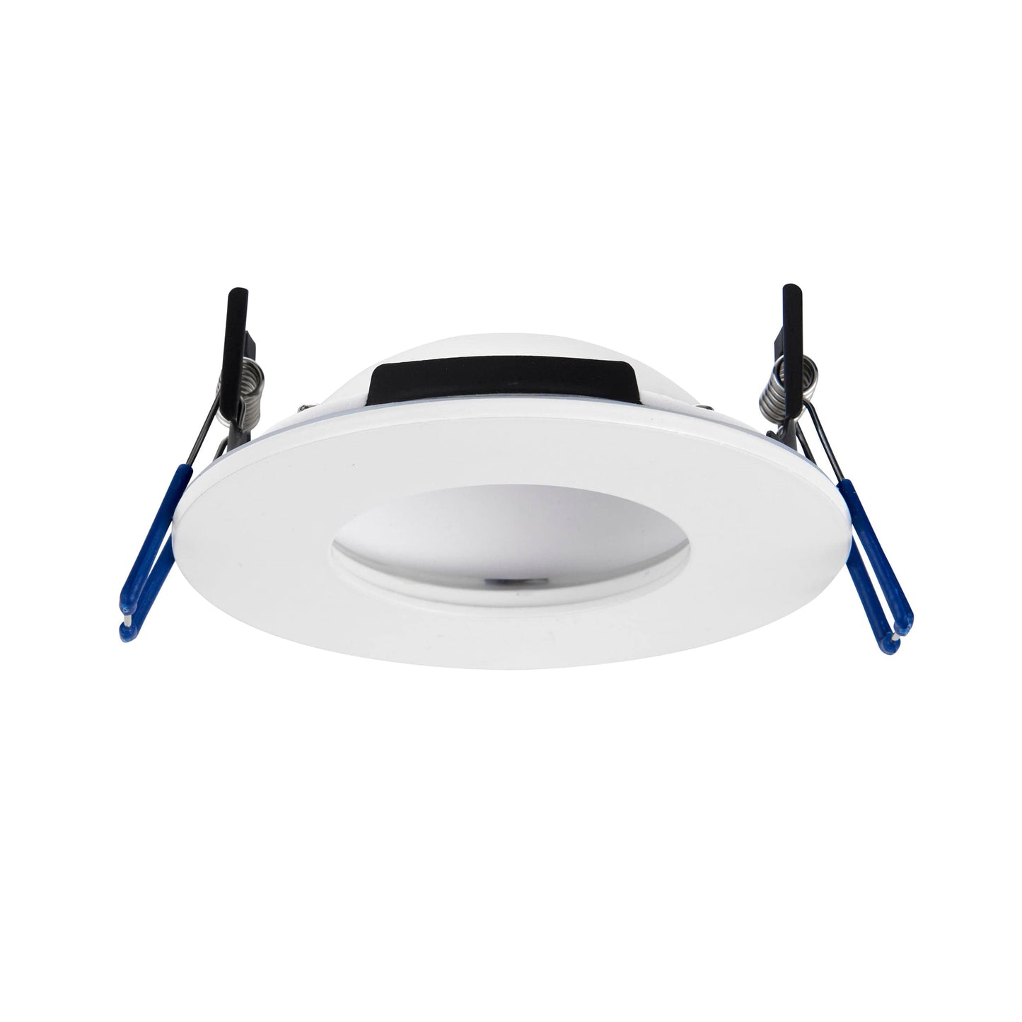 White recessed ceiling light with blue mounting brackets on a white background