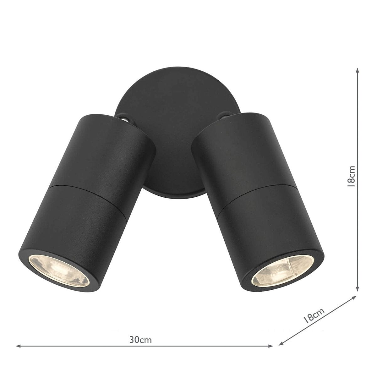 Black double spotlight with dimensions on a white background