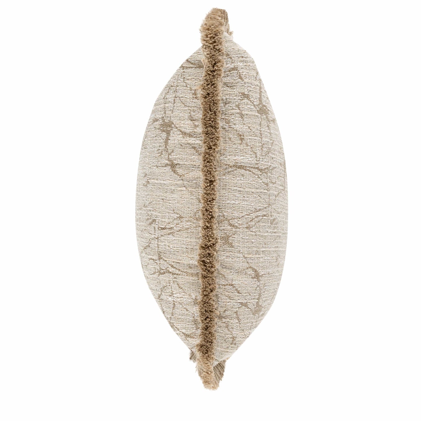 Decorative pillow with a textured pattern and brown trim on a white background