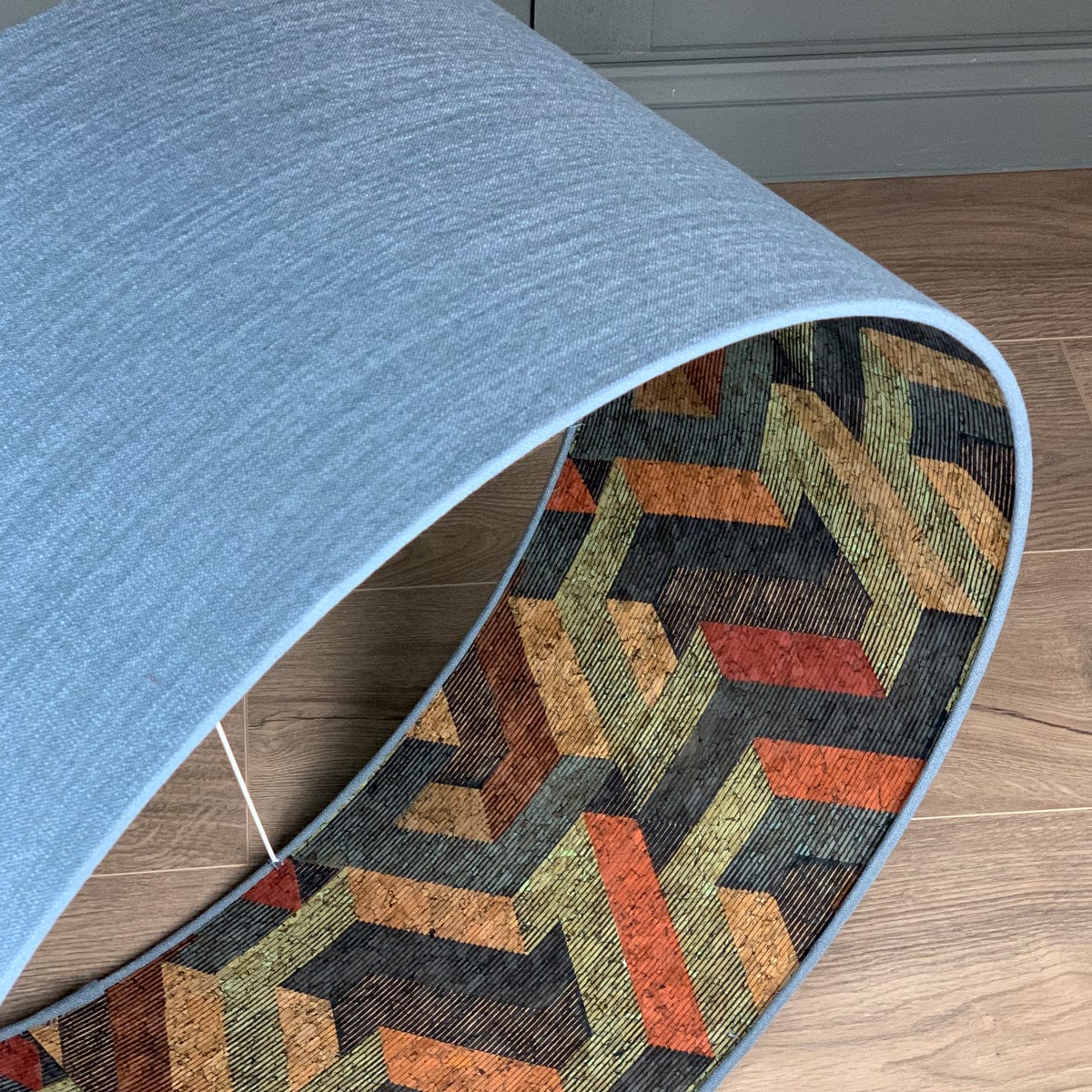 Saxon Slate Linen Pendant Shade with Anthology Escheresque Copper/Slate Cork Wallpaper Lining