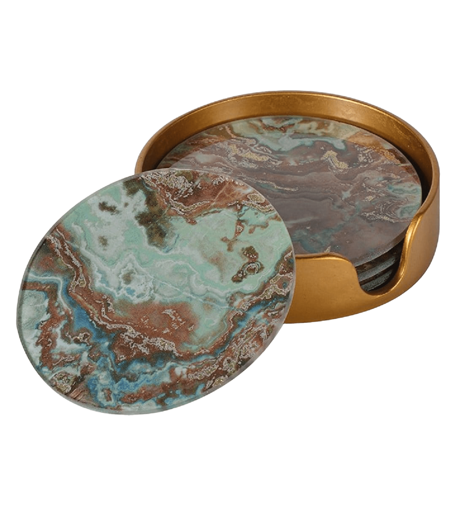 Set of marble-patterned coasters with a copper holder on a transparent background