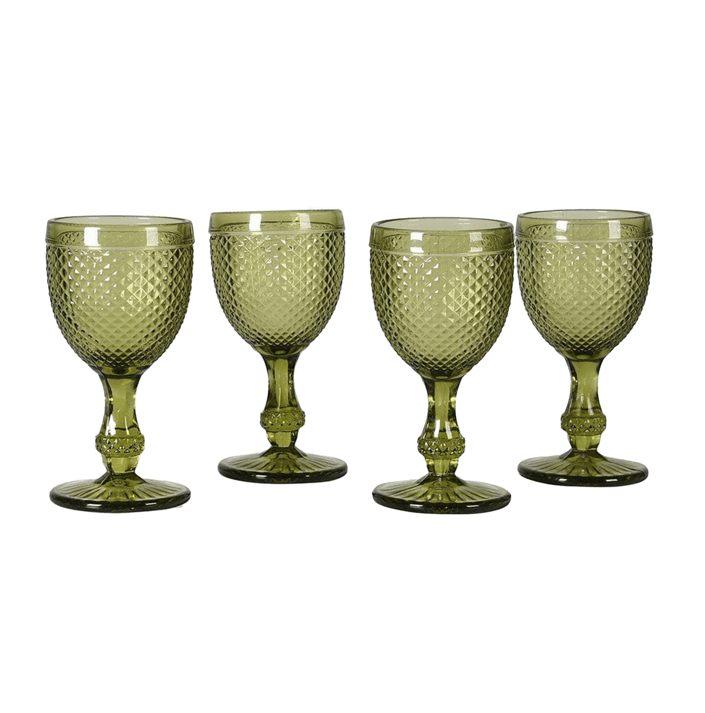 Four green textured glass goblets on a transparent background