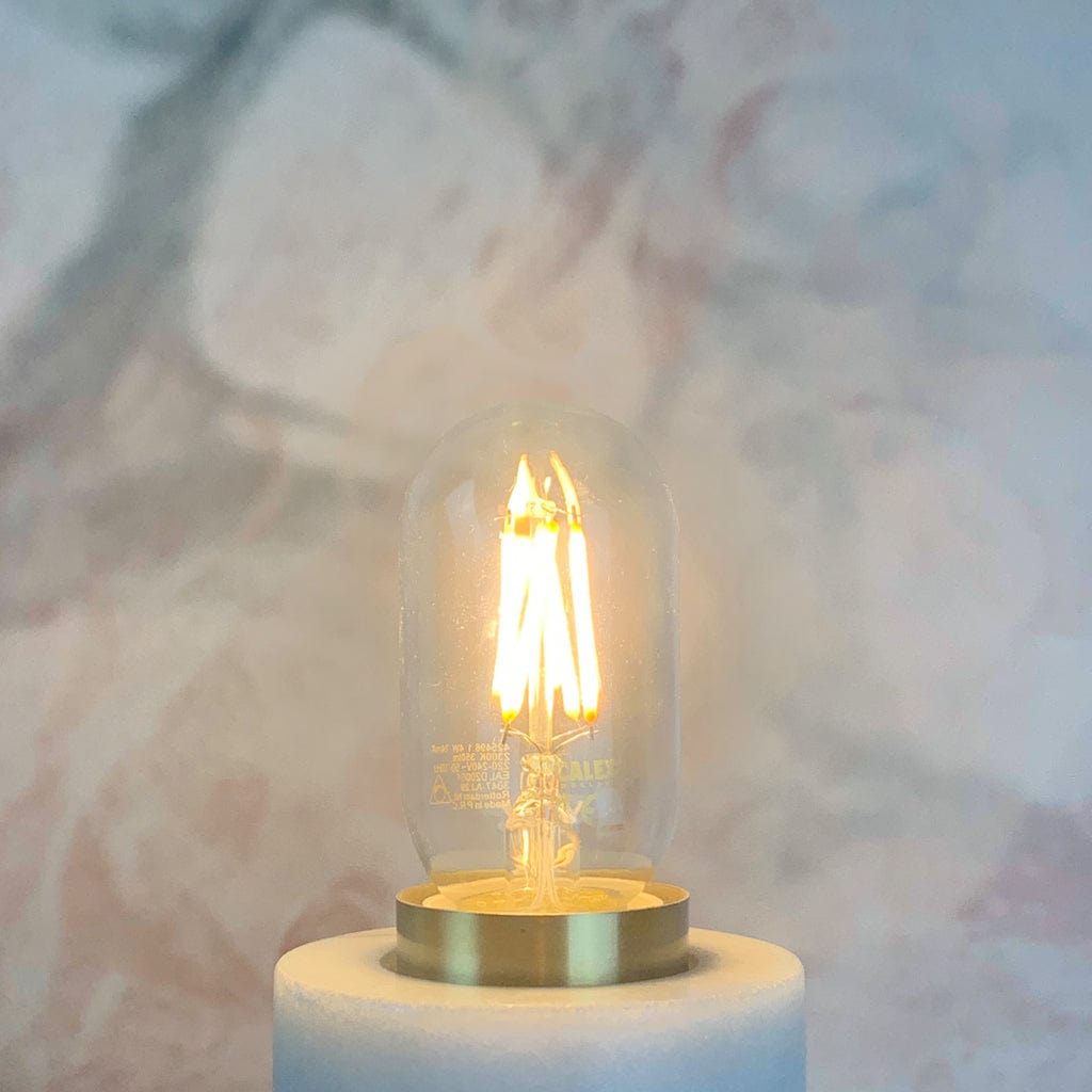 A clear tubular LED light bulb with visible filament, in a lampholder, lit