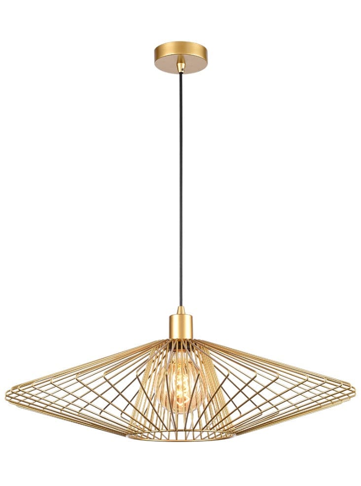Gold pendant light with geometric design on a white background