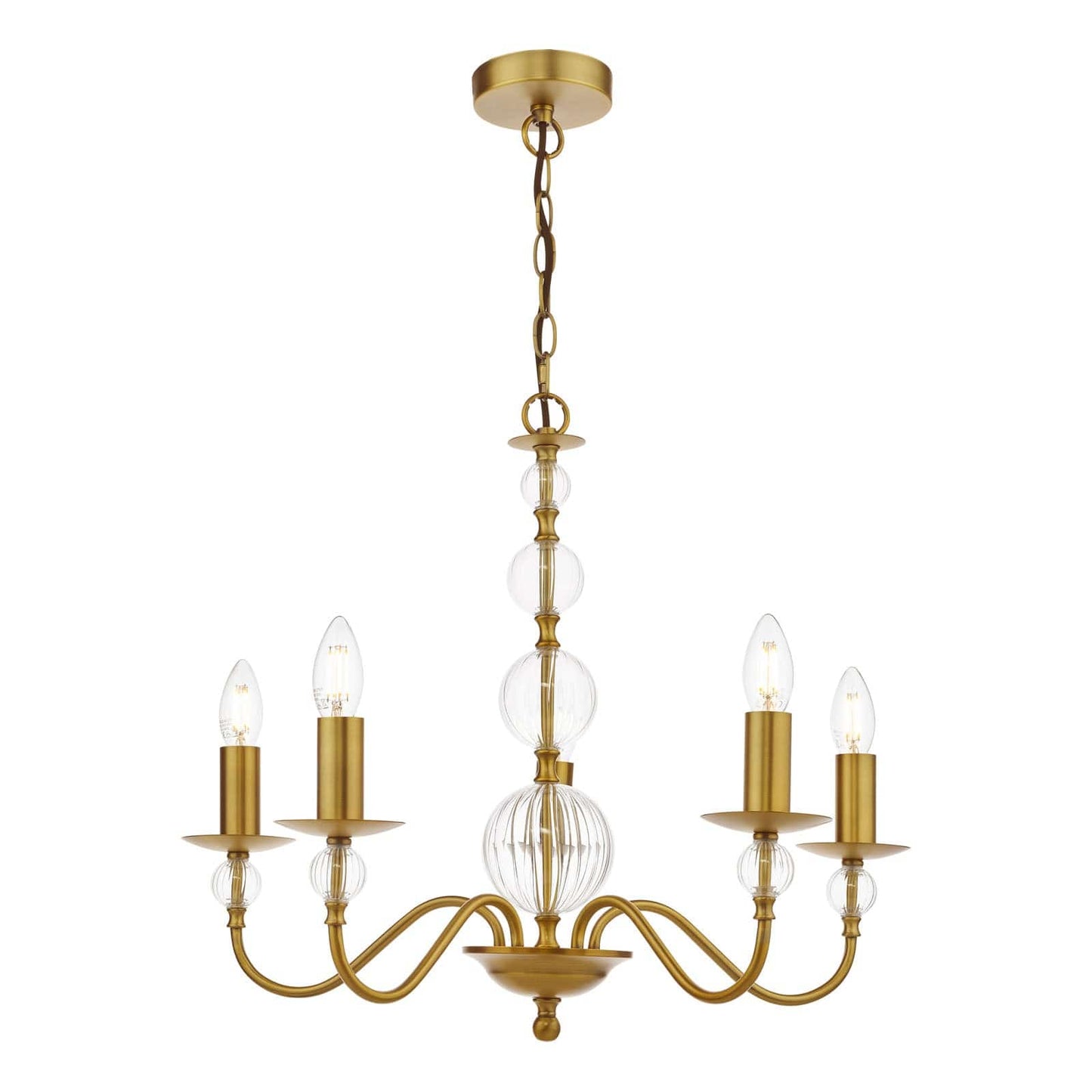 Wrest Park 5 Light Armed Aged Brass & Ribbed Glass Pendant