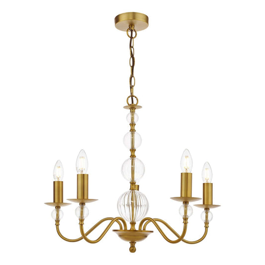 Wrest Park 5 Light Armed Aged Brass & Ribbed Glass Pendant