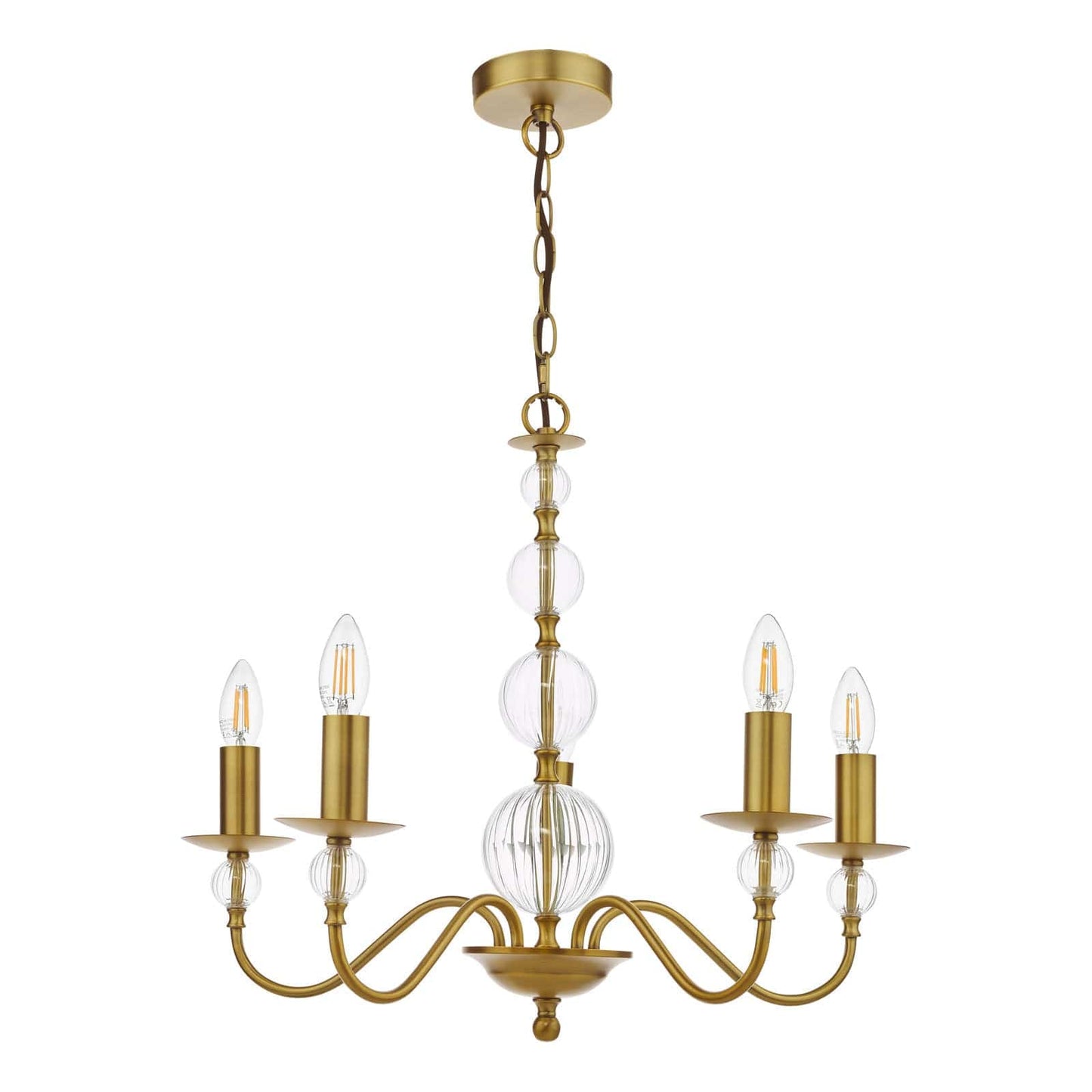 Wrest Park 5 Light Armed Aged Brass & Ribbed Glass Pendant