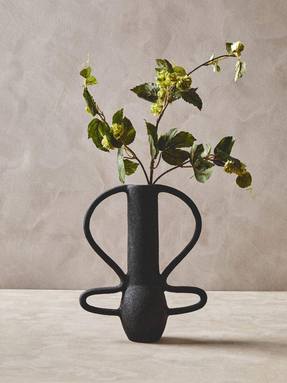 Black vase with green leaves on a beige background
