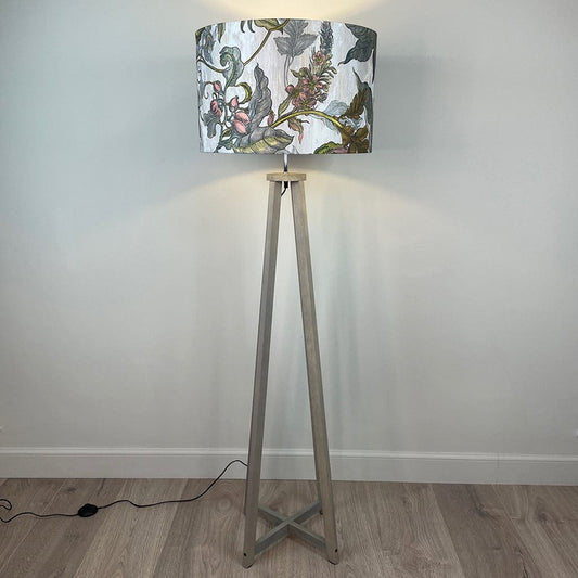 Whitby Grey Wash Wood Tapered 4 Post Floor Lamp with Timorous Beasties Epic Botanic Beige Peach Lampshade
