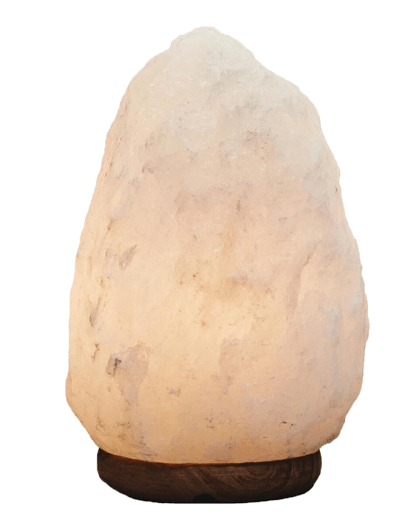 Rock-shaped lamp with a warm glow on a white background