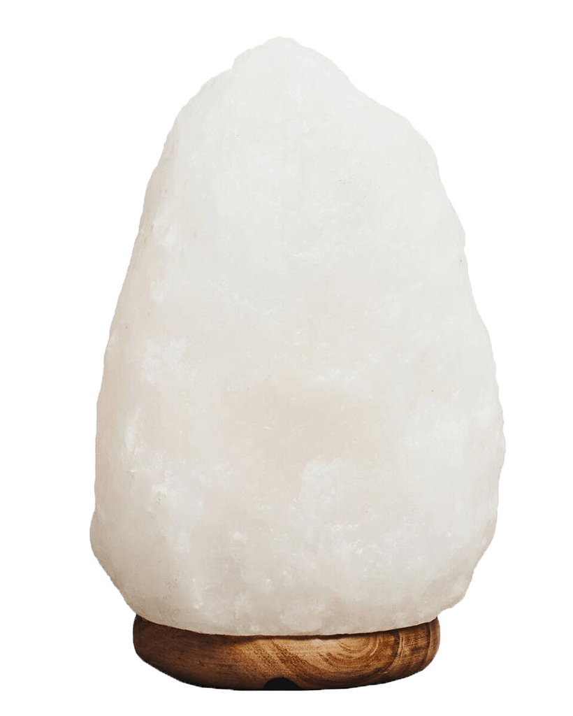 White stone-like lamp with wooden base on a white background
