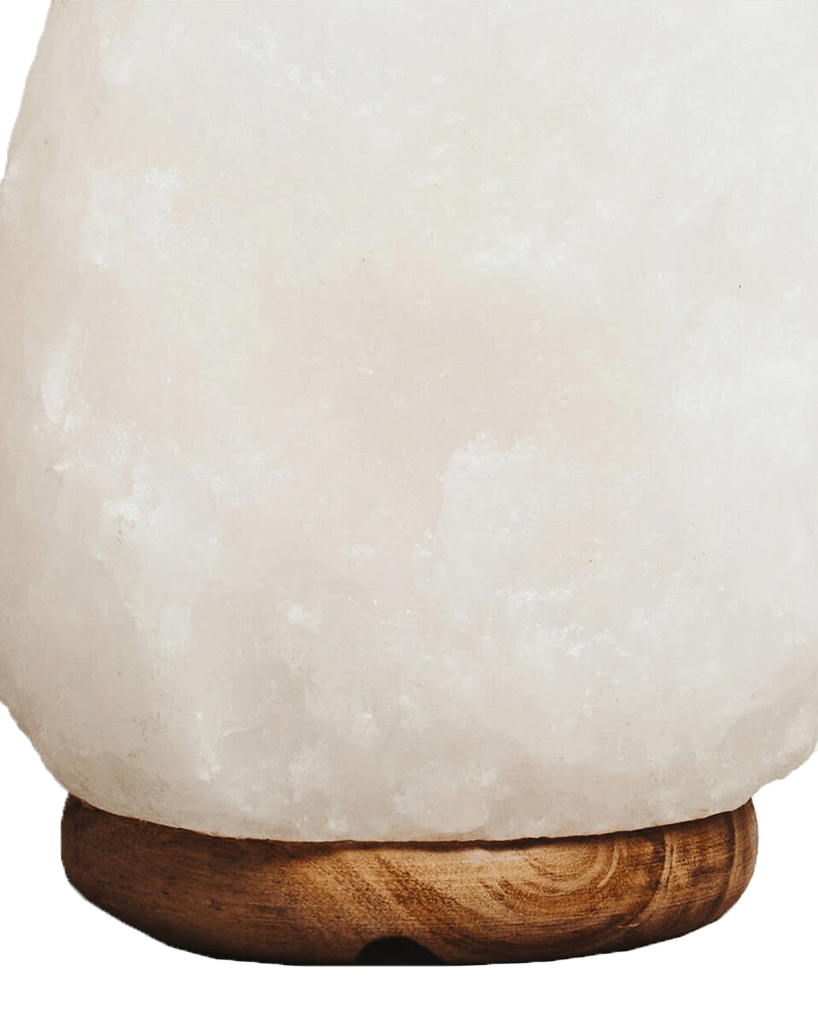 White textured lamp with a wooden base on a white background