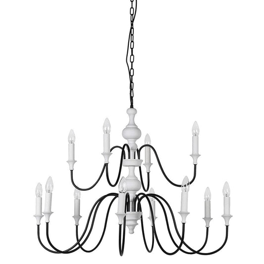 A 12-light chandelier with white center column and black curved arms, designed to mimic traditional candle holders.