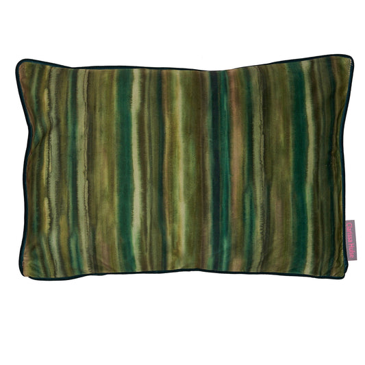 A rectangular cushion with a striped pattern in shades of green, olive, and lime.