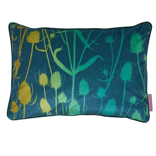 Rectangular cushion with a geometric pattern featuring teasel plants in deep teal and emerald ombre colors.