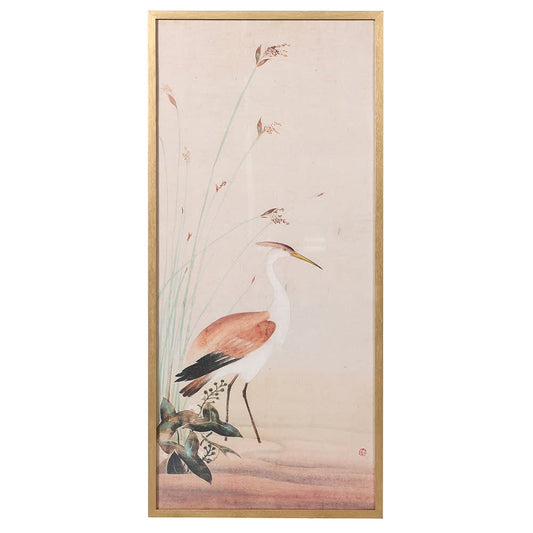 Crane in Water Picture on a texture pink canvas in a glass and gold frame