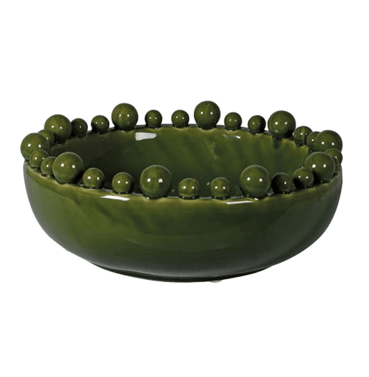 Green ceramic bowl with spherical embellishments on a transparent background