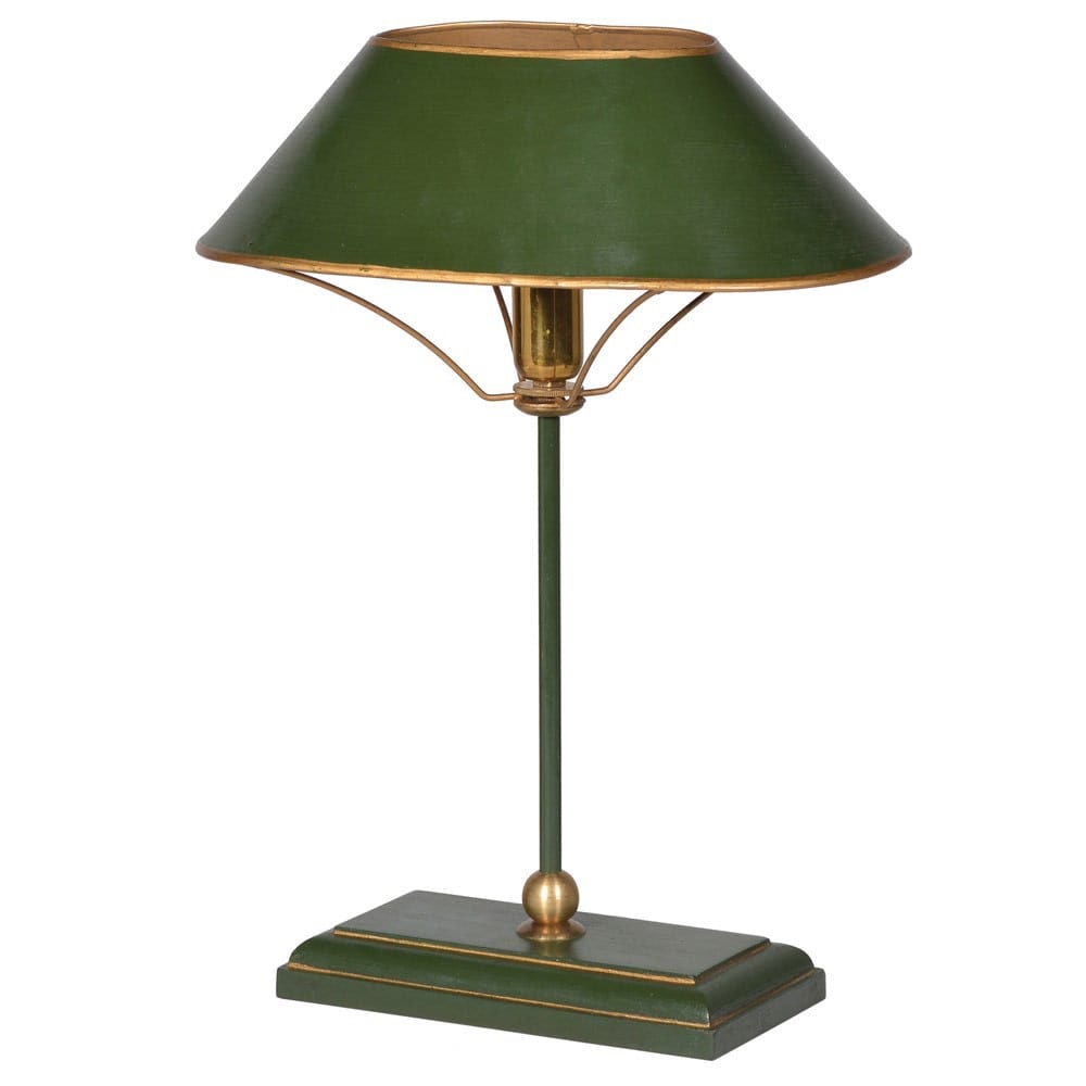 A green and gold banker lamp with a shade, featuring a brass base and a green shade, is turned off.