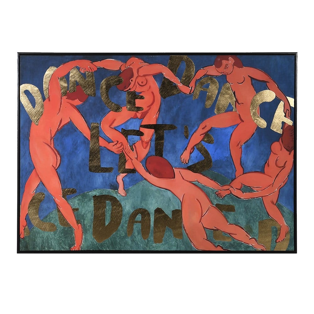 Hand painted canvas wall art featuring abstract figures in red, blue, and gold colors with the text 'LET'S DANCE' in bold letters.