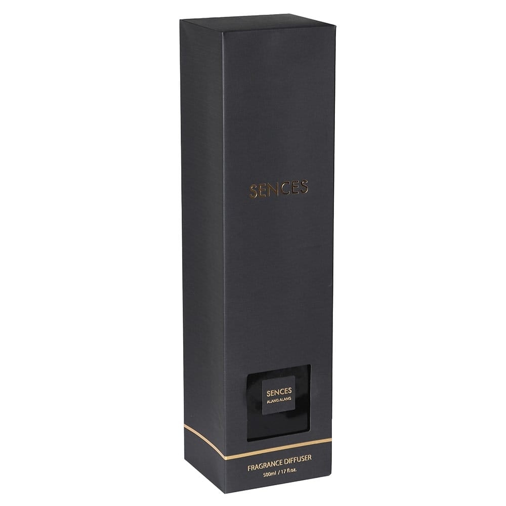 A black reed diffuser box packaging with gold accents.