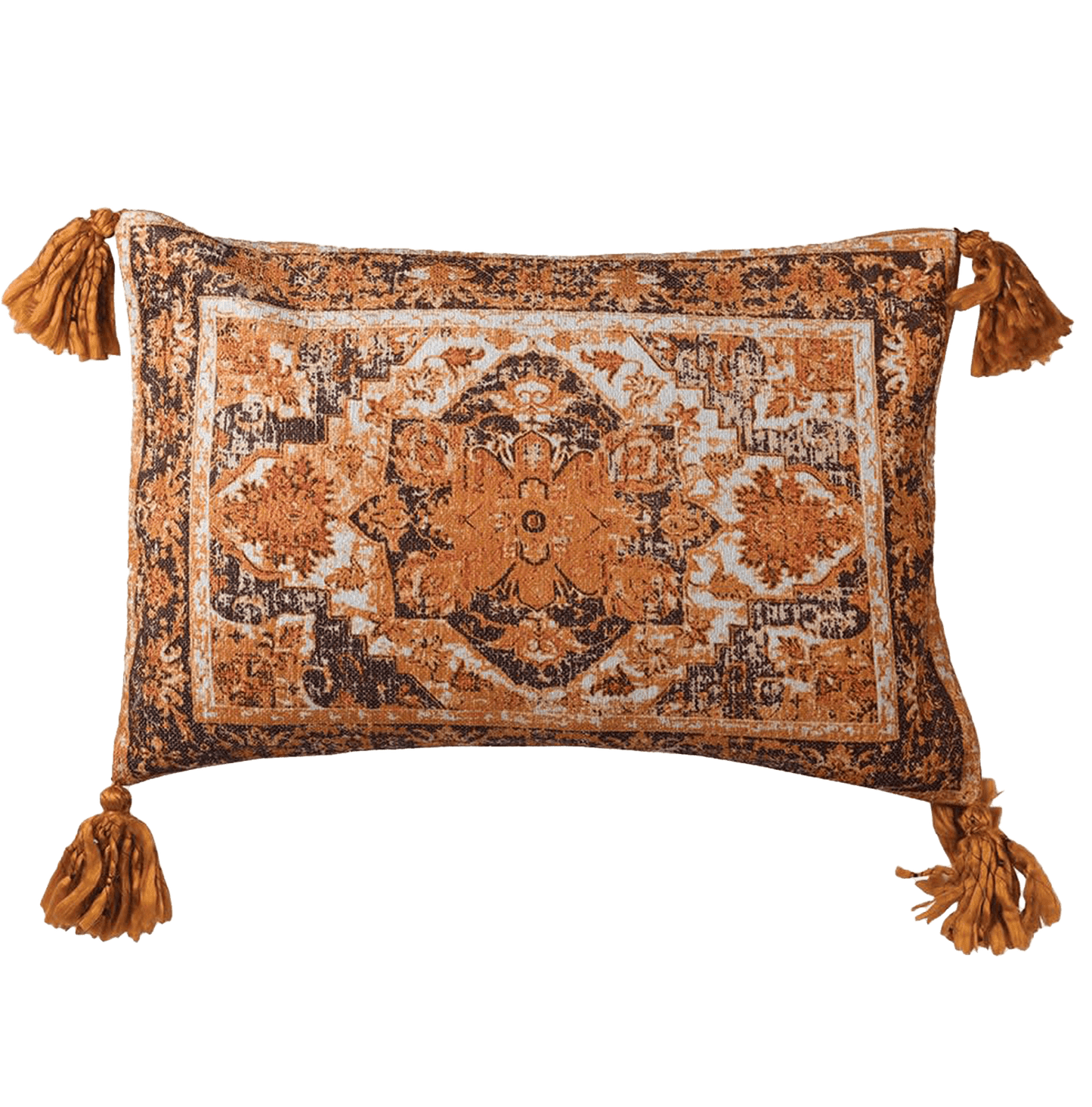 Decorative pillow with intricate morrocan style patterns and tassels on a transparent background