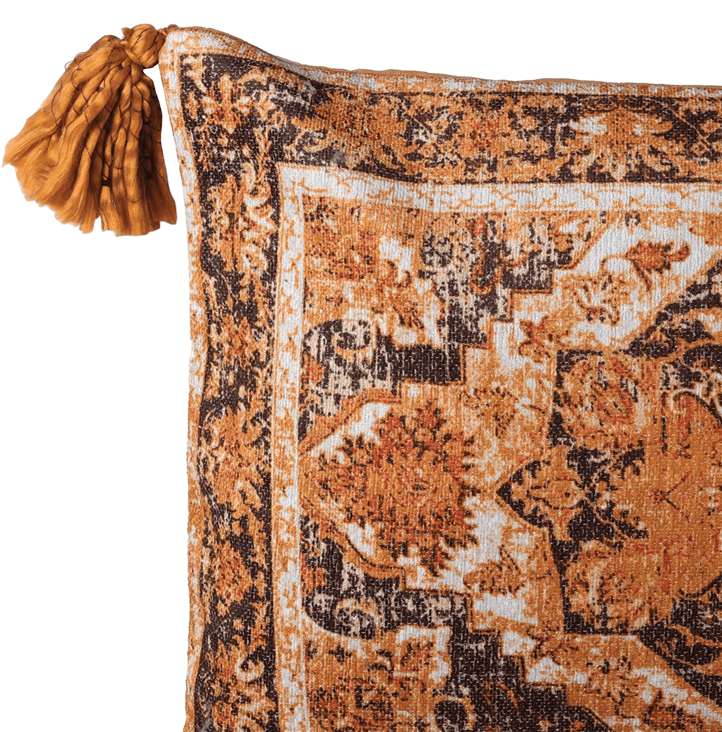 Decorative orange and black pillow with intricate pattern on a plain background