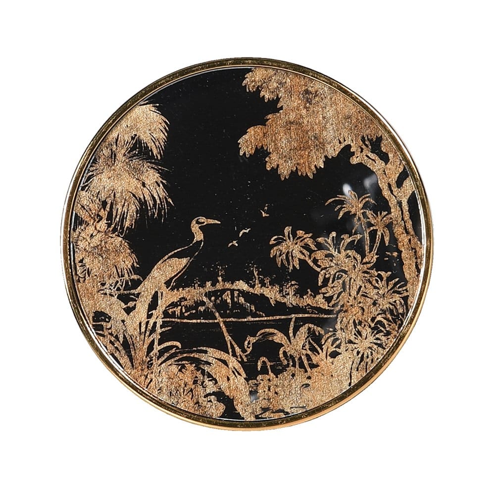 A round coaster with a antique gold design and a scenic motif, likely containing a beach or coastal area.