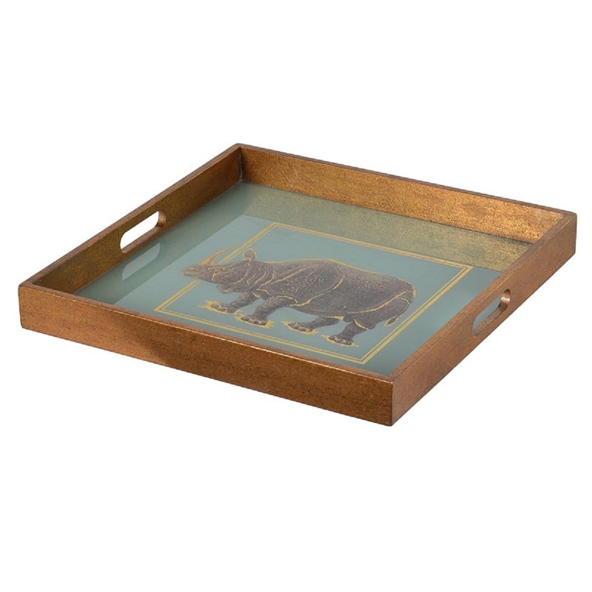 A square-shaped tray with a rhino illustration in the center, featuring gold tones on a teal base.