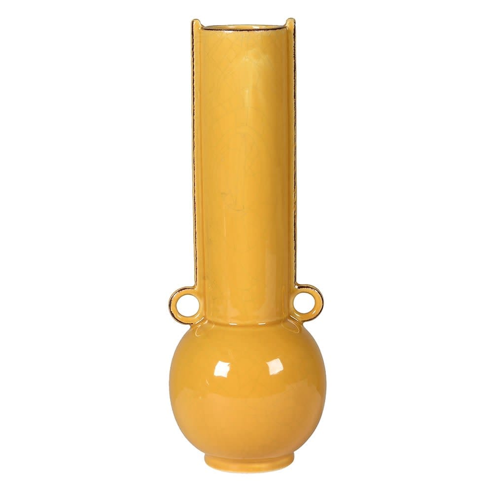 A tall mustard yellow colored vase with a modern design, featuring two handles on the sides.
