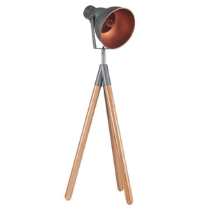 Grey Metal & Natural Wood Tripod Table Lamp
