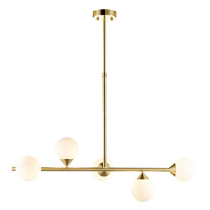 Central 5 Light Gold Pendant with White Gloss Glass