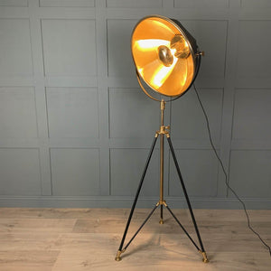 Large Black Fabric & Gold Metal Tripod Floor Lamp