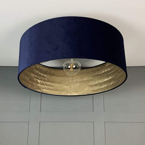 Electrified Navy Velvet Shade with Feathered Gold Wallpaper Lining