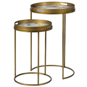 Set of 2 White Glass Marble Effect Side Tables