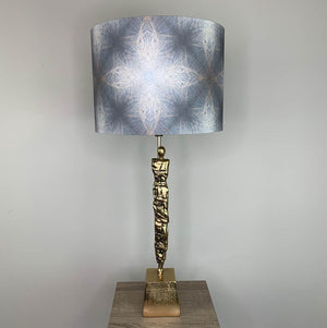 Shaman Antique Brass Table Lamp with Julia Clare's Peacock Feather Linen in Warm Ash & Blue Lampshade