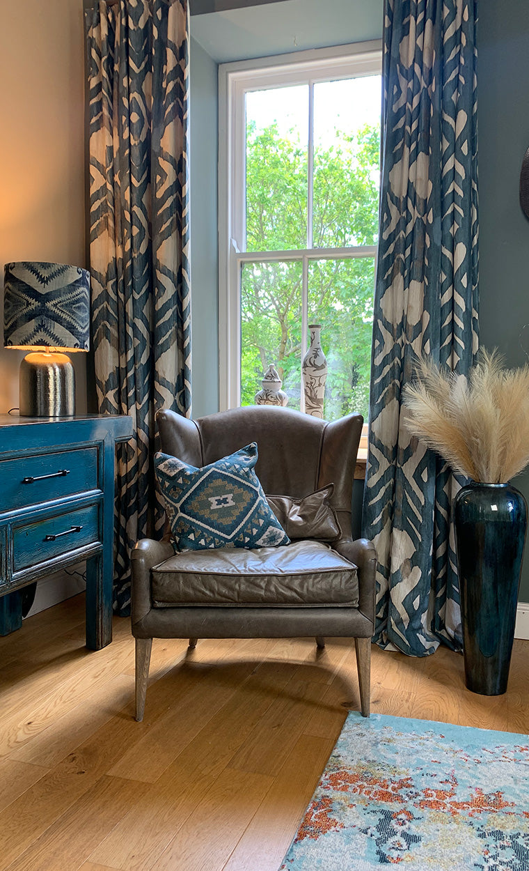 Leather Chair with Ikat Blue Indigo Cushions and Ikat Cushions