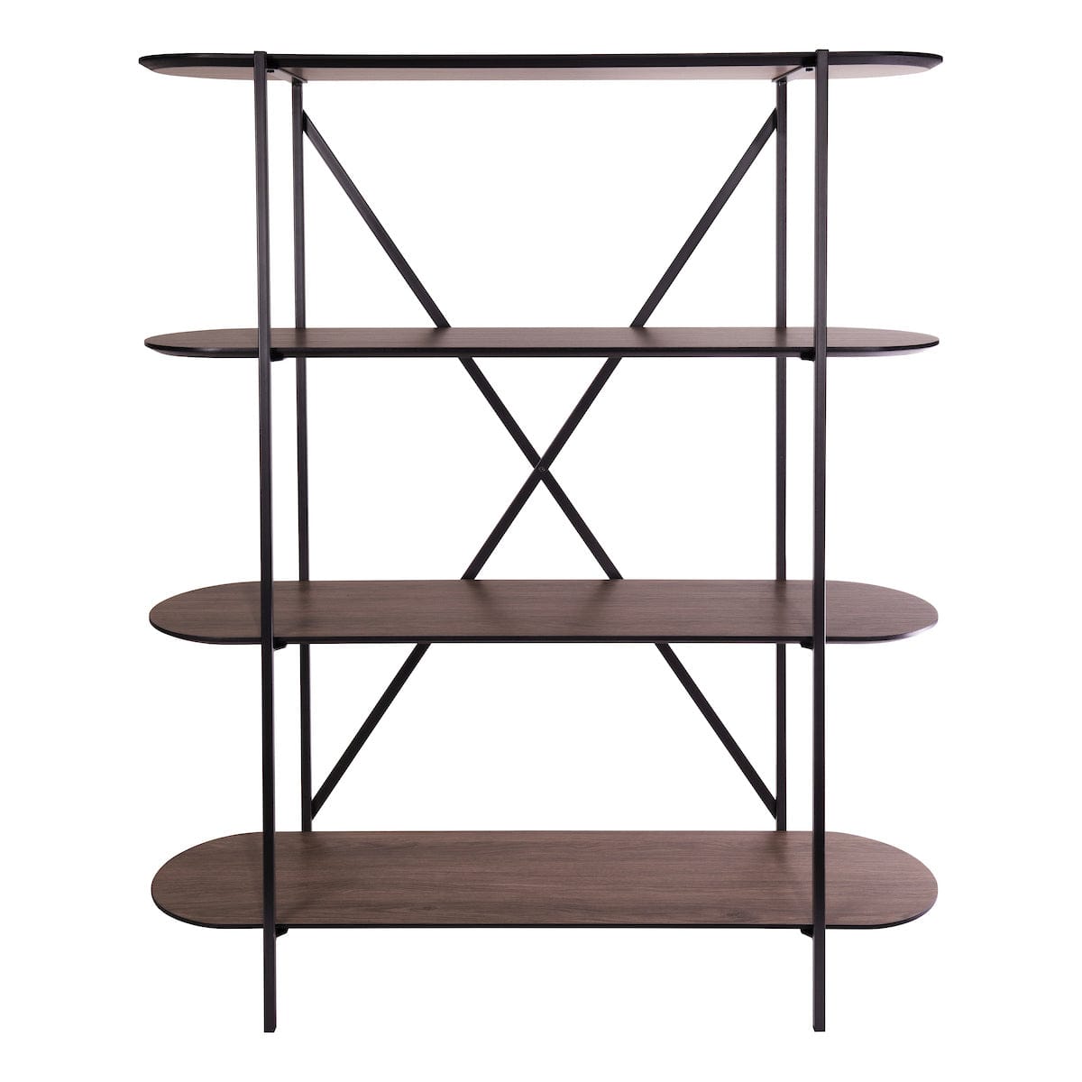 Bookshelf with wooden shelves and black metal frame on a white background